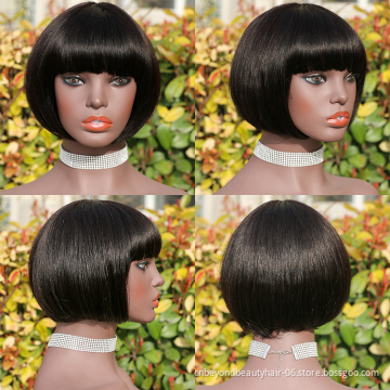 wholesale Brazilian natural black Silky straight human hair Bob wig Short Machine Made Wig with bangs for women